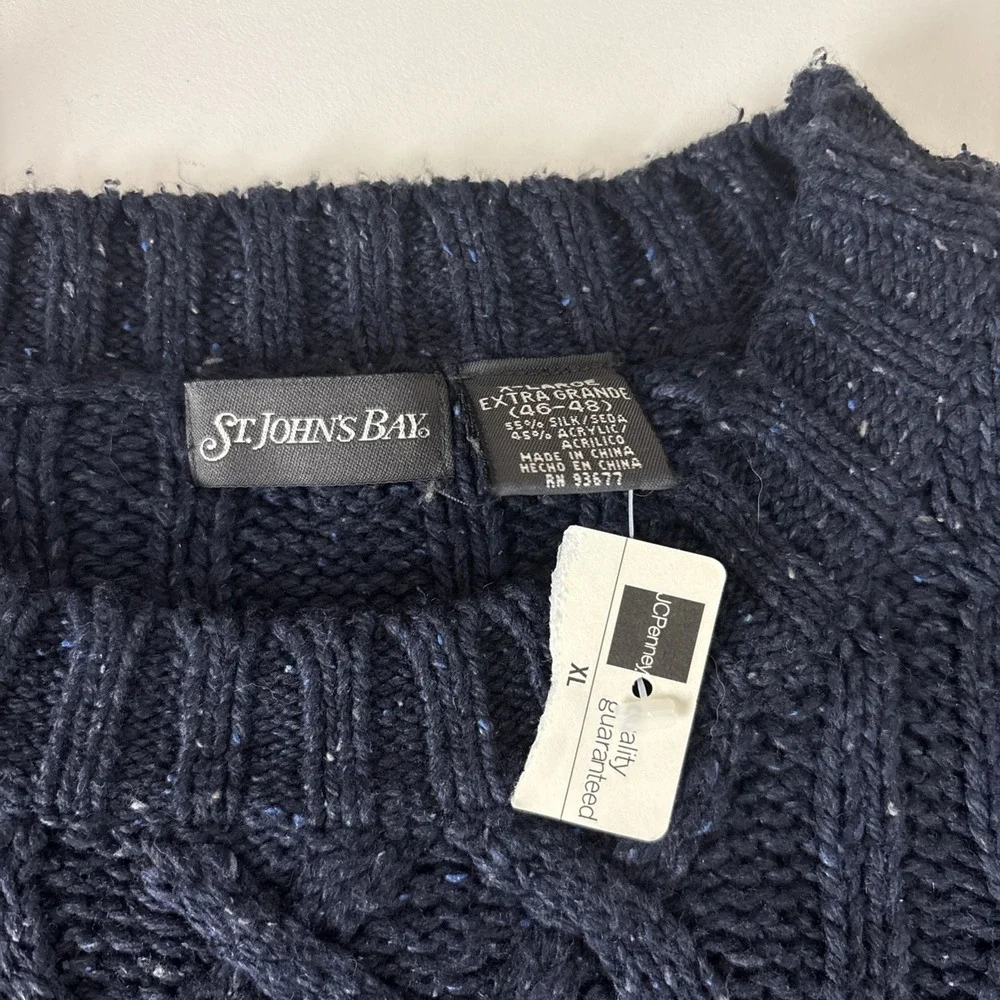 St. Johns Bay Sweater Mens XL Silk Blend Blue Cable Knit Crewneck Pullover NWOT